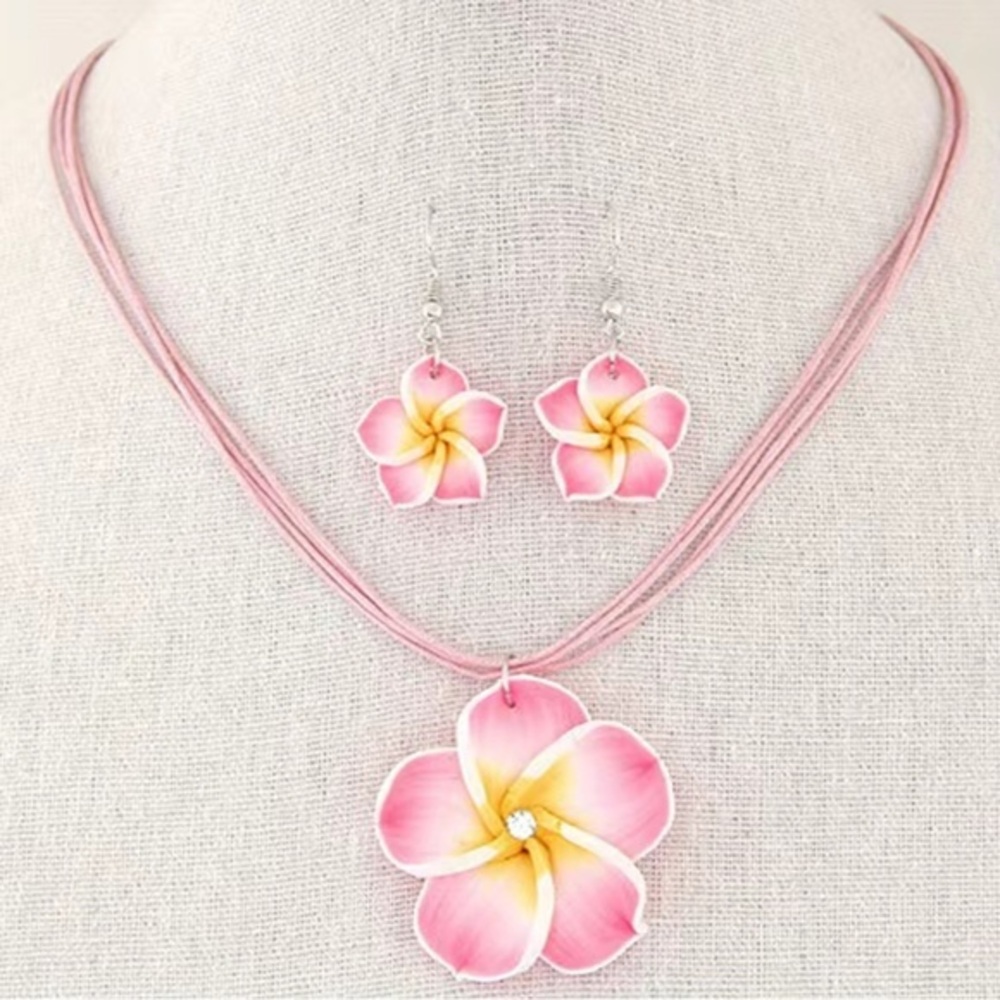 New! Beautiful Light Pink Pendant Flower Zircon Necklace Matching Drop Earrings